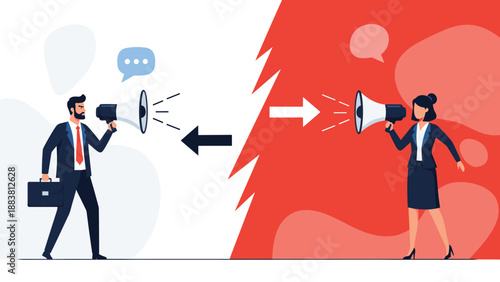Man and woman in business suits shouting at each other through megaphones across a split colored red and white background.