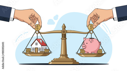 Hands balancing a residential house on one side of a scale against a piggy bank on the other representing property finance.