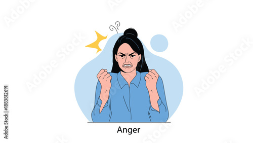 Angry woman with clenched fists showing intense frustration, rage, and negative emotion on a blue circular background.