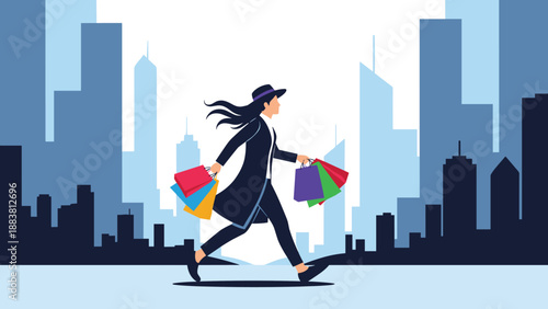 Stylish woman walking quickly through a city with many colorful shopping bags representing urban retail therapy habits.
