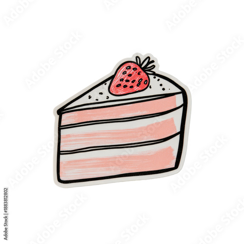 A cartoonish image of a slice of cake with pink layers and a strawberry on top
