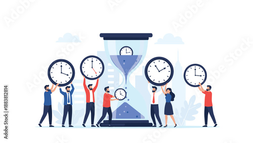 Group of business people holding up round clocks around a giant hourglass managing time, deadlines, and productivity.