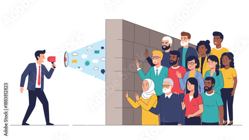 Man with a megaphone shouting through a hole in a stone wall at a large group of diverse people on the other side.