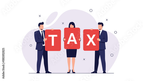 Three business professionals holding large red square cards that spell out the word tax on a soft purple background.