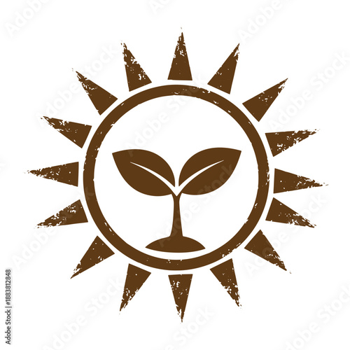 Drawing Vintage grunge  texture Brown sun symbol with plant sprout inside circle isolated on white background