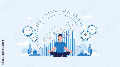 Man practicing meditation in a yoga pose in front of business growth charts and clocks for optimal work life balance.