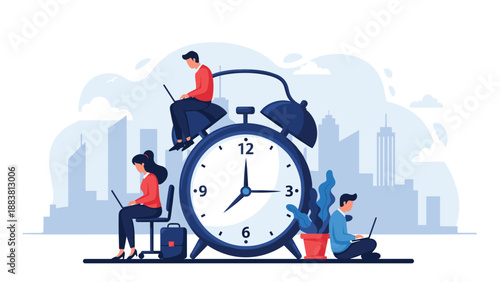 Group of people working on laptops while sitting around a giant alarm clock in a city representing deadline pressure.