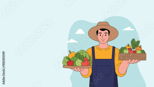 Happy farmer wearing a straw hat and holding two trays filled with fresh colorful vegetables and nutritious fruits.