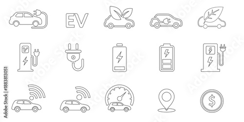 Charge station, Ev parking and Battery charger set. Electric car charging line icons. Home car charging, power station and electro energy line icons. Charge battery, parking electric plug. Vector