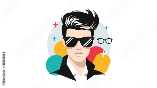 Stylish man wearing dark sunglasses and a black leather jacket in front of a colorful abstract shape background.