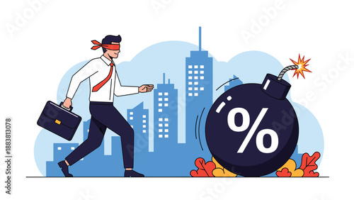 Blindfolded businessman walking towards a giant round bomb with a percentage symbol representing high financial risk.