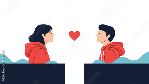 Man and woman looking at each other across a gap with a floating red heart symbol for love and romantic connection.
