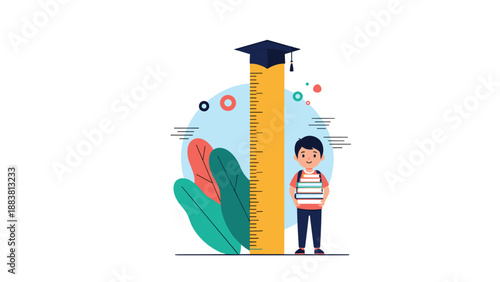 Small school boy standing next to a giant yellow ruler with a graduation hat on top for measuring student progress.