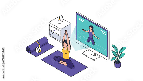 Young woman practicing yoga in her living room while following an online fitness class on a computer monitor with an instructor.