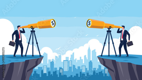Two businessmen standing on separate cliffs looking through large telescopes with dollar signs towards their financial goals.