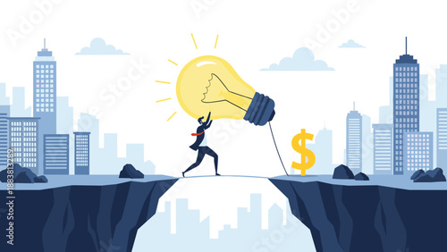 Ambitious businessman walking across a light bulb bridge between two cliffs while pulling a giant golden dollar sign symbol.