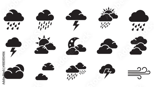 Minimalist Weather Icon Set - Black Vector Clouds with Rain, Lightning, Sun, and Moon for Forecast UI and Sky Graphics.