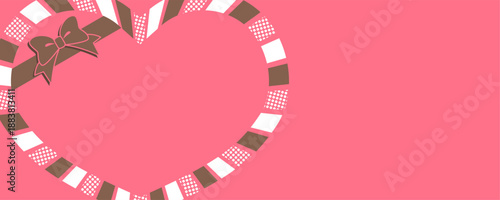 リボンがかかったハート型のバレンタイン用メッセージフレーム　ベクターイラスト　ピンク　横長ワイド