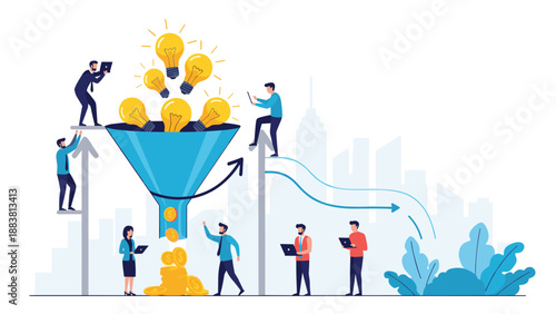 Team of creative business people using a giant blue funnel to transform light bulb ideas into piles of golden money coins.