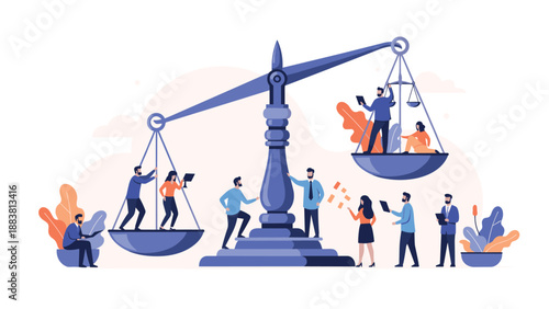 Group of professional people standing around a giant set of balance scales in an office setting for justice and equality.