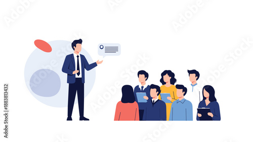 Professional speaker in a formal suit giving a presentation to an attentive audience of young business people and students.