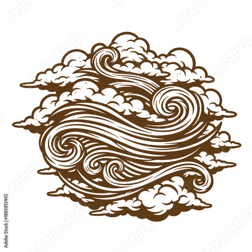 Drawing Vintage grunge  texture Brown swirling clouds illustration with wavy lines and curls isolated on white background