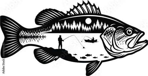 Detailed bass fishing silhouette illustration with anglers on a lake, forest reflection, moonlit nature scene, outdoor sport wildlife artwork