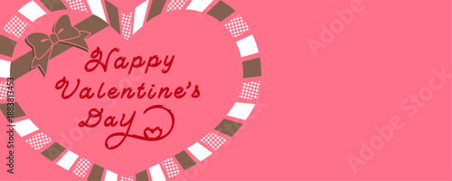 チョコレート風文字とリボンがかかったハート型のバレンタイン用メッセージフレーム　ベクターイラスト