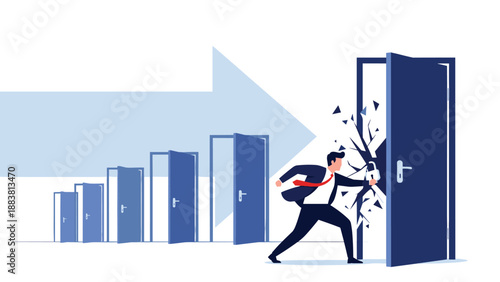 Energetic businessman in a suit breaking through a locked blue door as the final step of a series of challenges and obstacles.