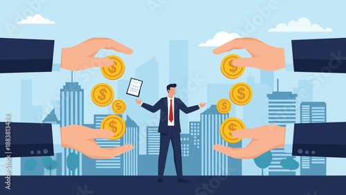 Businessman standing between two giant hands that are dropping golden coins while holding a financial contract document.