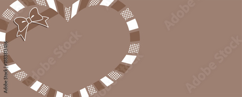 リボンがかかったハート型のバレンタイン用メッセージフレーム　ベクターイラスト　ブラウン　横長ワイド