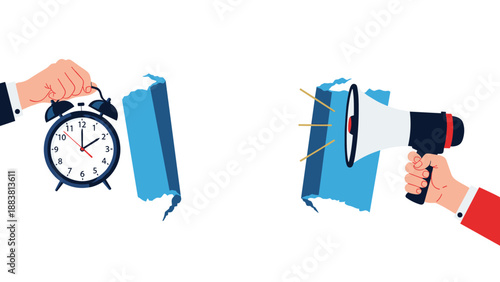 Two hands reaching out from tears in a white paper holding a black alarm clock and a megaphone for time and communication concepts.