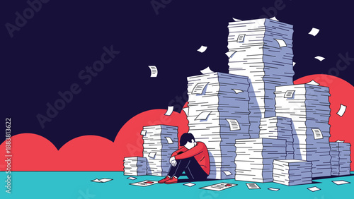 Stressed and exhausted man sitting on the floor leaning against giant piles of papers with flying documents around him in the dark.