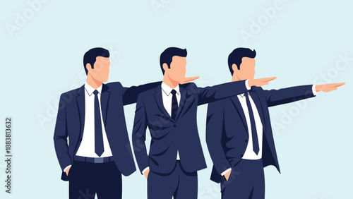 Group of three identical businessmen standing in a line and pointing their hands forward in the same direction for unity.