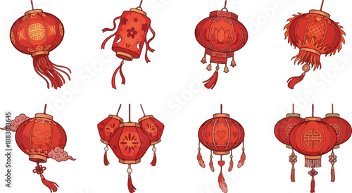 A collection of eight traditional red Chinese lanterns with various intricate designs and tassels, symbolizing celebration.