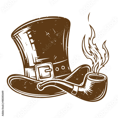 Drawing Vintage grunge  texture Brown top hat and smoking pipe on white background