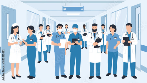 Team of diverse medical professionals including doctors and nurses standing in a hospital corridor looking confident and ready.