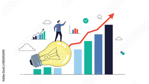 Creative businessman standing on a large yellow light bulb next to a rising bar chart with a red arrow for innovation and growth.