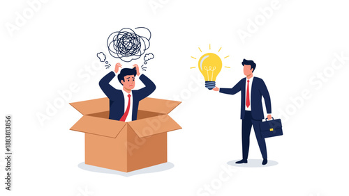 Worried businessman trapped inside a cardboard box looking confused while another man offers him a bright light bulb idea from outside.