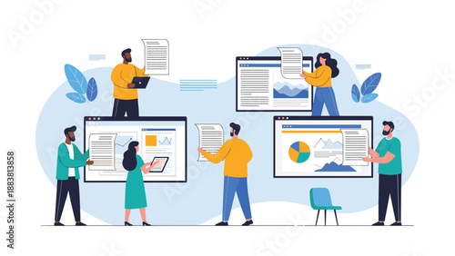 Group of diverse business people interacting with giant digital document windows for information management and data analysis.