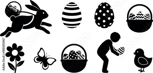 Happy easter celebration icons featuring easter bunny eggs and spring symbols
