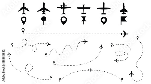 Airplane Route and Travel Path Icon Set with Dotted Lines
