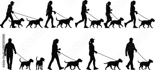 Dog Walking Silhouette Collection with Men and Women Walking Dogs on Leash, Pet Care Activity Icons for Training, Outdoor Exercise, and Lifestyle Design