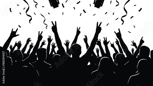 Excited crowd celebration silhouette with raised hands, confetti, and cheering people at music concert, festival party, or live event atmosphere in black and white