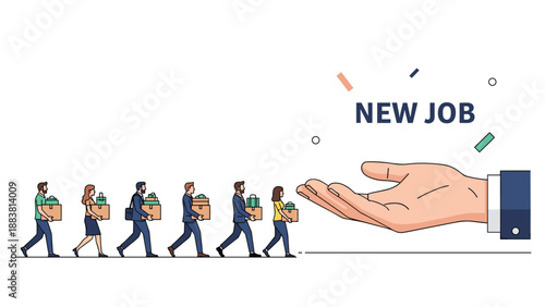 Recruitment process featuring job seekers with boxes walking towards a large hand offering a new professional career opportunity.