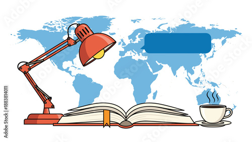 Open book on a table with a red desk lamp and coffee cup in front of a blue world map for global education and travel research.