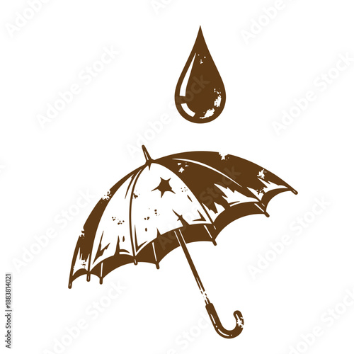 Drawing Vintage grunge  texture Brown vintage umbrella and raindrop icon on white background