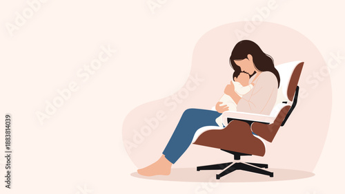 Tender illustration of a mother breastfeeding her infant baby while sitting in a comfortable armchair, depicting motherhood and care.