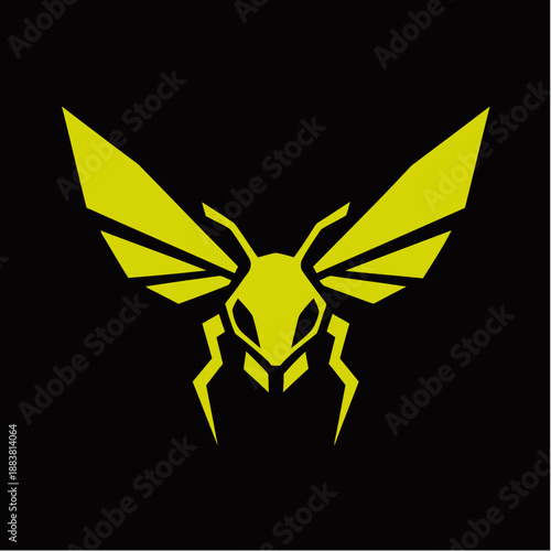 Stylized yellow geometric bee or wasp insect illustration on a black background.