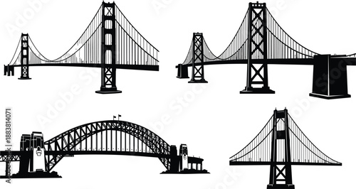Famous Bridge Silhouettes Collection Featuring Suspension and Arch Bridges in Black Vector Style for Architecture, Engineering, Travel, and Infrastructure Design Concepts